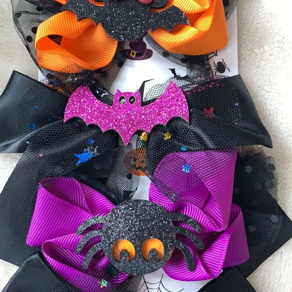 NEW 4 Halloween Hair Bows Girls Bats Minnie Mouse Spider 🕷💜